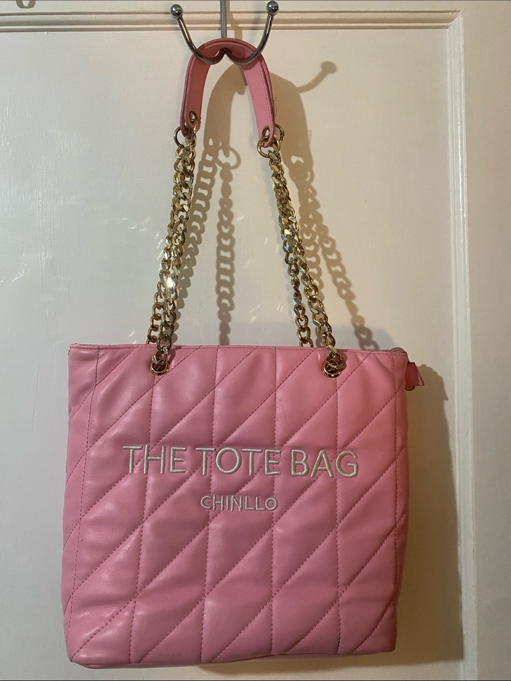 Pink Quilted Tote Bag with Gold Chain Straps
